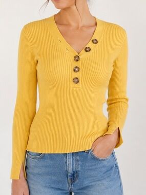 Something Navy Yellow Ribbed Henley Top Size 1 Small